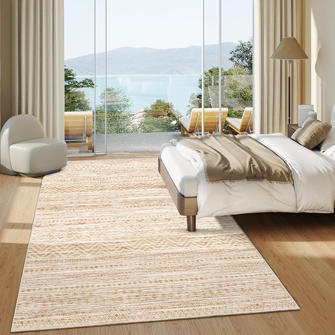 Miukiki 6x9 Area Rug for Living Room Moroccan Washable Rugs Non Slip Indoor Floor Carpet Foldable Large Soft Area Rug for Dining Room Bedroom with Low Pile(Beige,6'x9')