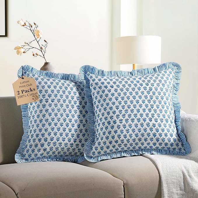 CPC Block Print Ruffle Throw Cover Apatite Blue 18"x18" Inch Pack of 2-100% Cotton Ruffle Couch Decorative Boho Pillows Case for Living Room, Bedroom, Sofa, Farmhouse Gift for Spring, Mother's Day