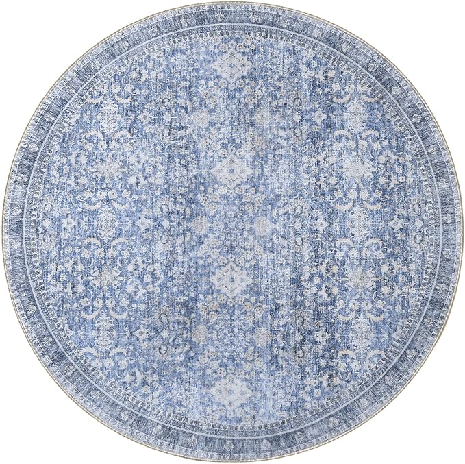 Sasttie Round Rug 4ft, Ultra-Soft Washable Circle Rug, Low Pile Foldable Thin Carpets with Non-Slip Backing, Skin-Friendly Stain Resistant Carpet for Living Room, Bedroom, Kitchen, Dorm, 4ft, Blue