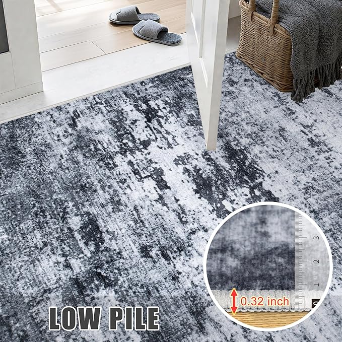2'x6' Runner Rug Washable Rug: Modern Abstract Soft Thin Runner Rug Black
