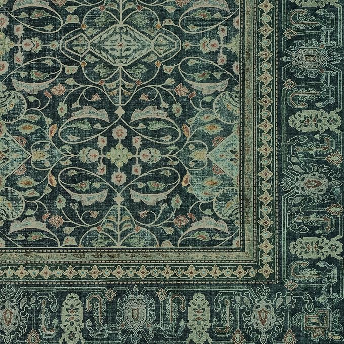 Dark Green 6x9 Area Rugs Washable, Vintage Boho Floral Moroccan Pattern Printed Carpet Rug for Living Room Bedroom, Low Pile Thin Room Rug with Rubber Backing Non Slip for Dining Room Office