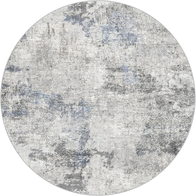 DMOYEST 5ft Round Area Rug for Living Room - 5x5 Washable & Non Slip Circle Rug, Kid & Pet Friendly Soft Low Pile Abstract Carpet for Bedroom and Dining Room - Grey Blue