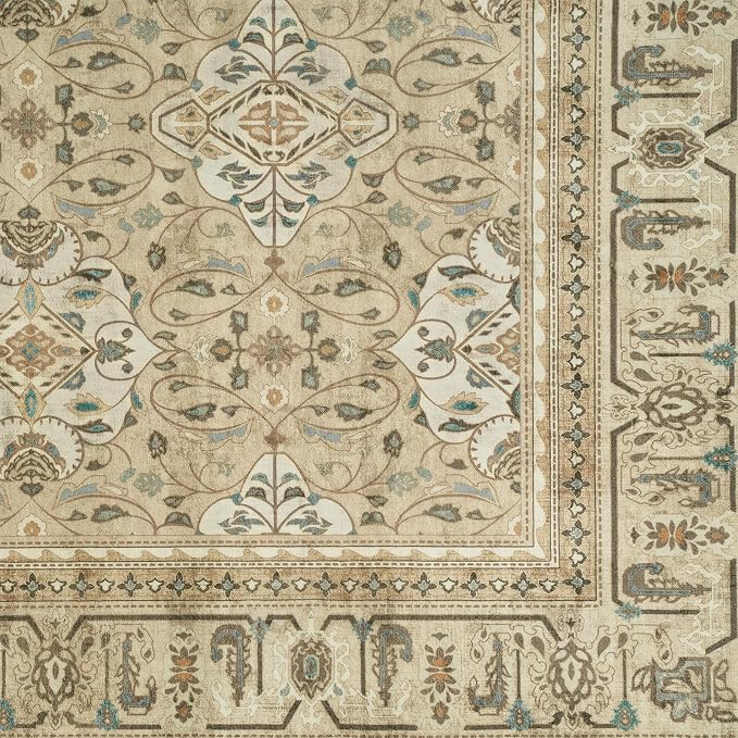 Warm Beige 9x12 Living Room Rug, Large Area Rug Washable Non Slip Low Pile Ultra Thin, Neutral Boho Floral Moroccan Pattern Printed Carpet Rug for Bedroom Dining Room