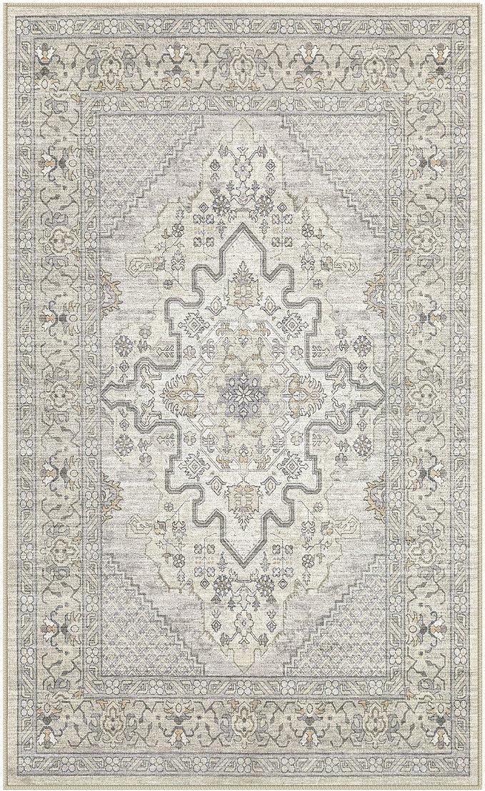 Tortania Area Rug Living Room Rugs - 3x5 Washable Rug Vintage Oriental Distressed Farmhouse Small Thin Indoor Carpet for Living Room Bedroom Under Dining Table Home Office - Beige Linen