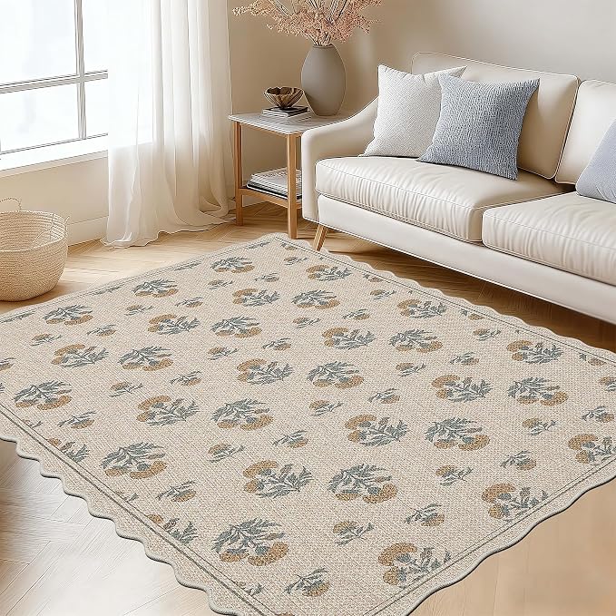 ORTIGIA Scalloped Easy Jute 3x5 Area Rug Vintage Yellow Floral Farmhouse Washable Rug Non-Slip Indoor Outdoor Carpet for Living Room Bedroom Kitchen Patio Entryway