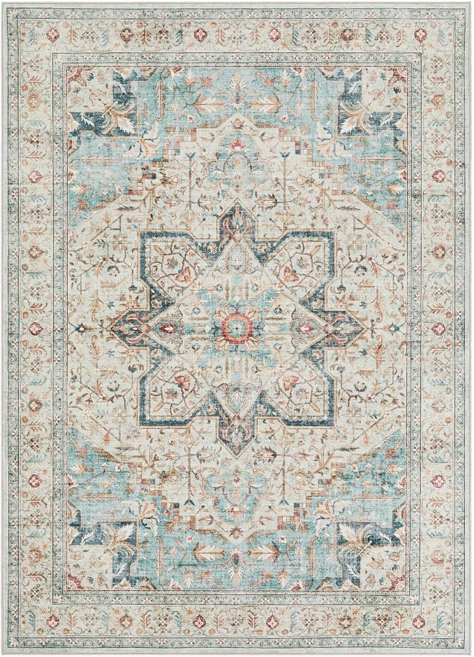 Tortania Area Rug Living Room Rugs - 10x13 Washable Boho Rug Vintage Oriental Distressed Farmhouse Large Thin Indoor Carpet for Living Room Bedroom Under Dining Table Home Office - Aqua Multi
