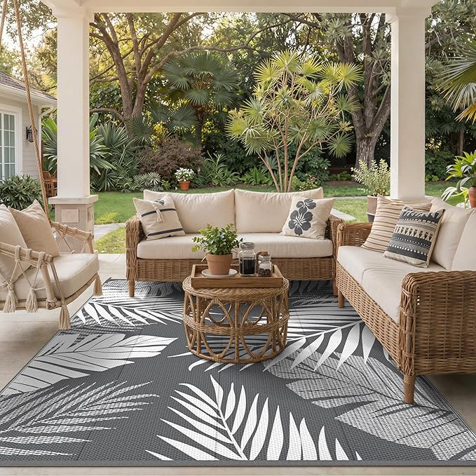 GENIMO Outdoor Rug, Waterproof Plastic Rugs for Patio, 8'x10' Grey White | Outside Larger Leaf Carpet Mat for Porch Decor, Deck, Balcony, Camping, RV, Backyard, Picnic, Beach, Reversible, Foldable