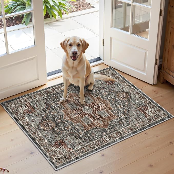 Roxstand 2x3 Washable Entryway Area Rug, Grey/Brown/Tan | Low-Pile Carpet, Non-slip Backing, Stain Resistant, Rug for Kitchen, Laundry Room, Entryway, Vintage Design