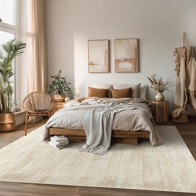 BILEEHOME 5 x 8 Rug for Living Room Washable Soft Modern Rugs Cream Beige | Tan Brown 5x8 Carpet, with Low Pile Non Slip, for Dining Room Bedroom, Neutral Abstract Farmhouse, Foldable Rubber Backed