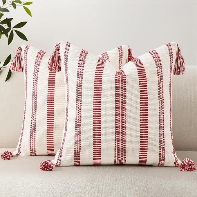 Smile Bee Boho Outdoor Couch Throw Pillow Covers Set of 2 Decorative Thick Woven Striped Accent Neutral Pillow Covers with Tassels for Bed Sofa Home Decor 18x18 Inch, Red and Cream White | Woven Cozy Boho Decorative Modern Farmhouse Accent Pillow Cases...
