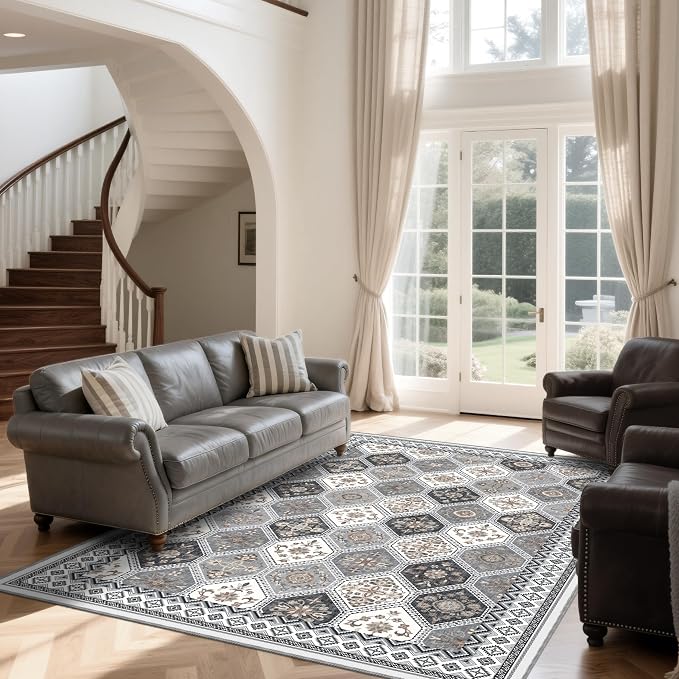 6x9 Area Rugs for Living Room, Non-Slip Vintage Boho Moroccan, Gray/ Gold | TTelephant Soft Low-Pile Printed Washable Gray Rug for Living Room, Bedroom, Dining Room, Playroom