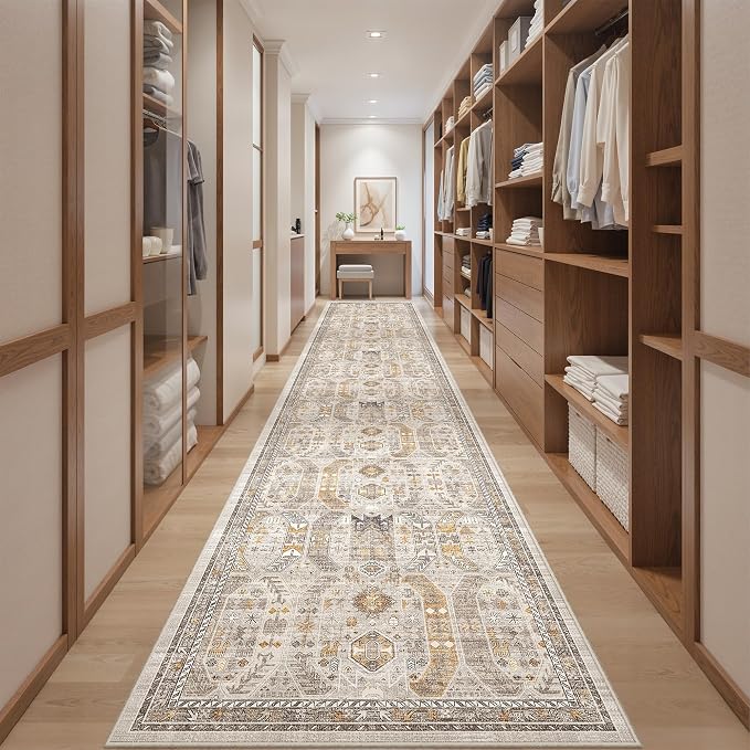 2'6" x 14'Non Slip Runner Rugs - Runners for hallways, Kitchen,Entryway,Stain Resistant Washable Rugs for Bedroom, Indoor Vintage Area Rugs (Brown/Gold, 2'6" x 14')