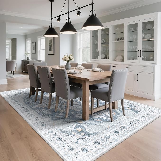 6x9 Area Rugs for Living Room, Soft Non-Slip Vintage Medallion Rug, Low-Pile Printed Washable Blue Gray Rug for Living Room, Bedroom, Dining Room, Nursery -Blue/Gray | TTelephant Soft Low-Pile Printed Washable Blue Gray Rug for Living Room, Bedroom, Di...