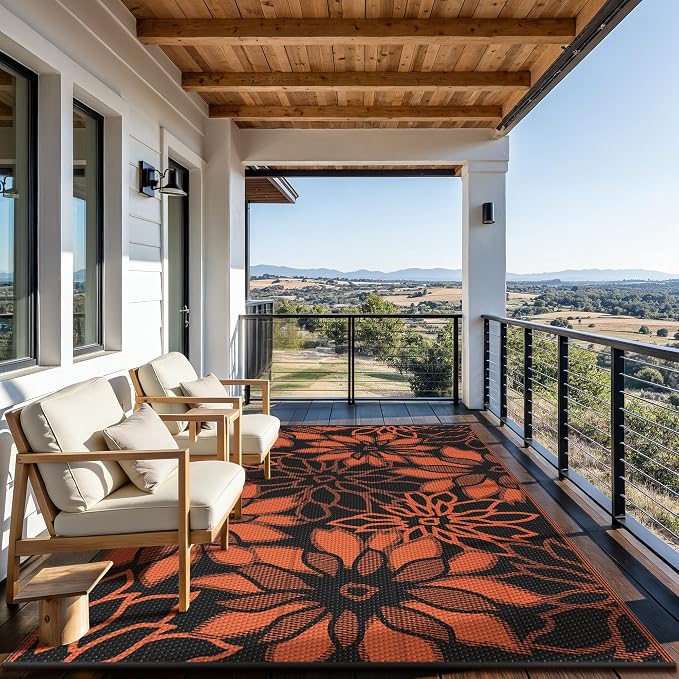 GENIMO Outdoor Rug Waterproof for Patio Decor, 6' x 9' Reversible Plastic Straw Floral Camping Carpet, Large Area Rugs Mats for RV, Camper, Deck, Balcony, Porch, Beach, Picnic, Black & Orange