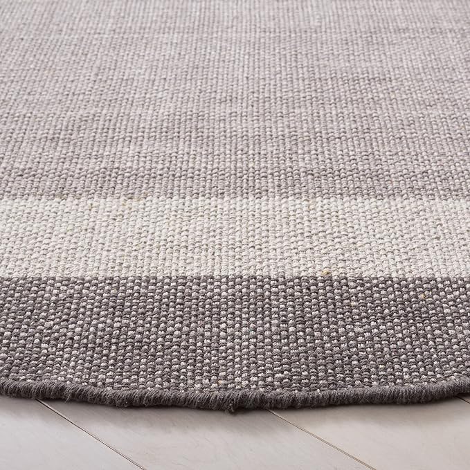 SAFAVIEH Montauk Collection Area Rug - 7' Round, Ivory & Grey, Handmade Flat Weave Boho Farmhouse Cotton Stripe Fringe, Ideal for High Traffic Areas in Living Room, Bedroom (MTK301A)