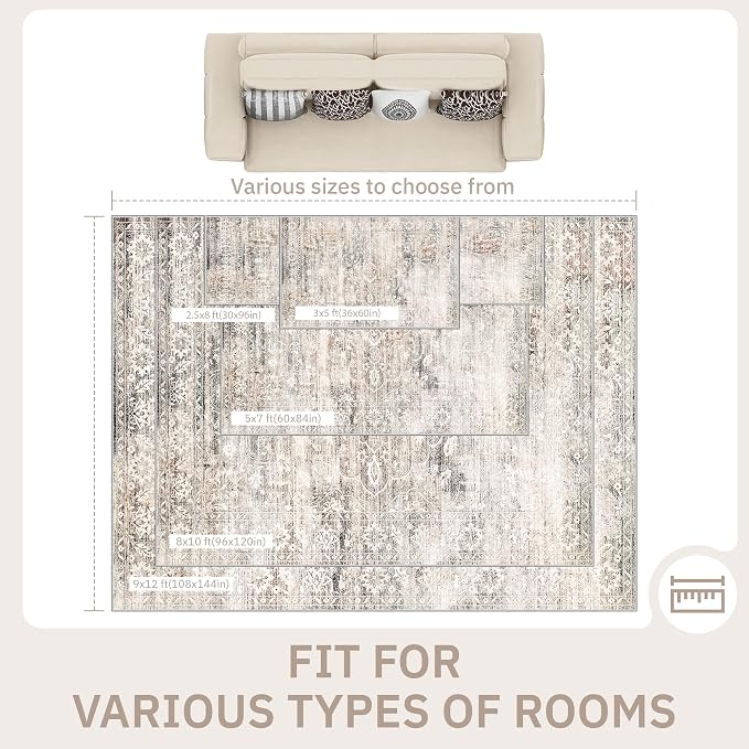 Soalmost 8x10 Area Rugs for Living Room, Washable Bedroom Soft Rug Taupe | Vintage Floral Stain Resistant Non-Slip Low Pile Throw Large Carpet for Dining Room Kitchen Home Office Nursery 8'x10'