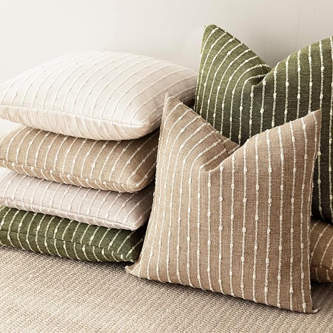 Foindtower Pack of 2 Decorative Jacquard Boucle Lumbar Throw Pillow Covers Accent Textured Striped Pillowcases Cozy Boho Cushion for Couch Sofa Bedroom Living Room Home Decor 12x20 Inch Olive Green