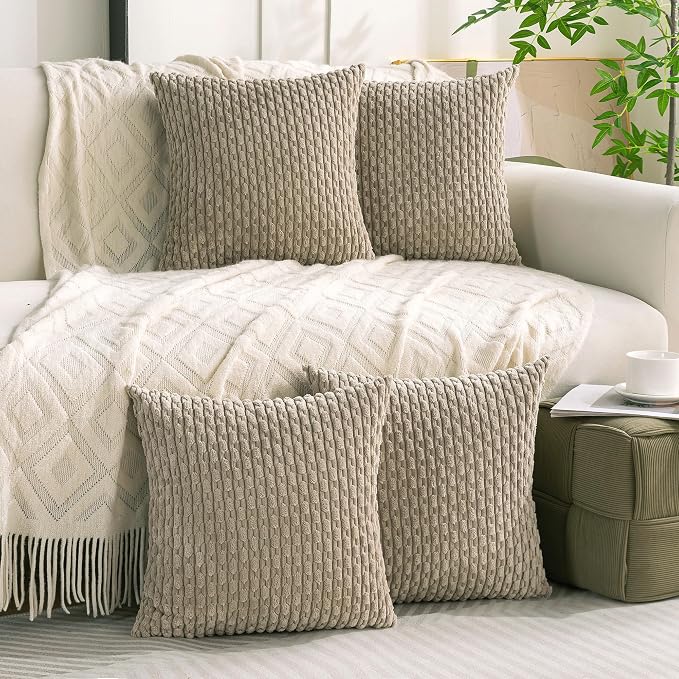 Set of 4 Taupe Decorative Throw Pillow Covers 22x22 Inch Corduroy Pillow Covers for Bed Couch Sofa Living Room Soft Square Cushion Cases