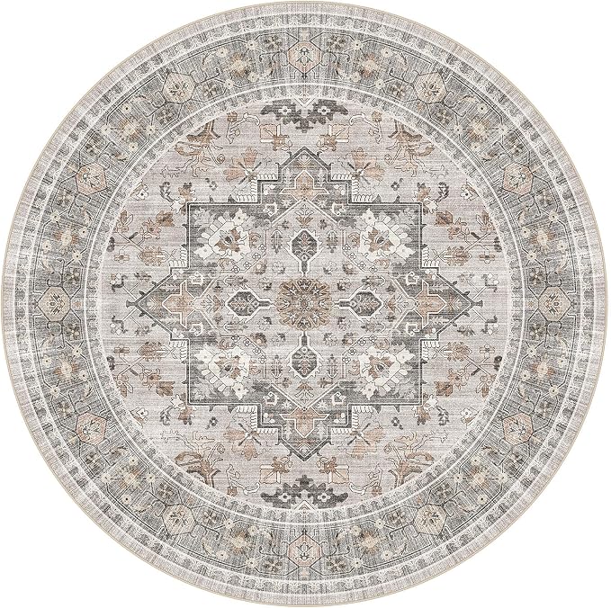 6ft Round Area Rug: Washable Vintage Neutral Soft Non Slip Thin Large Floor Carpet for Living Room Bedroom Kitchen Dining Room Home Office Farmhouse Indoor - Taupe
