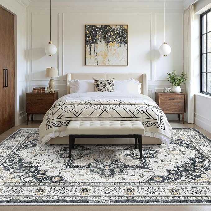 zesthome 5x7 Area Rugs, Machine Washable Rugs for Living Room, Bedroom,Stain Resistant Vintage Large Area Rug,Non-Slip Medallion Pattern Home Decor Rugs (Black,5'x7')