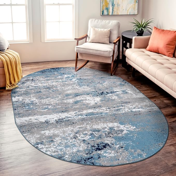 Rugshop Watercolor Distressed Modern Bohemian Oval Rug Blue 5' x 7'