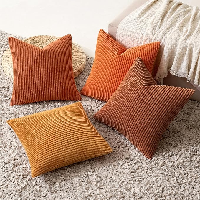 MIULEE Boho Farmhouse Throw Pillow Covers 18x18 Inch Set of 4 Mordern Nordic Cushion Covers Soft Corduroy Fall Home Decor for Couch Bed Sofa Living Room Orange Rust