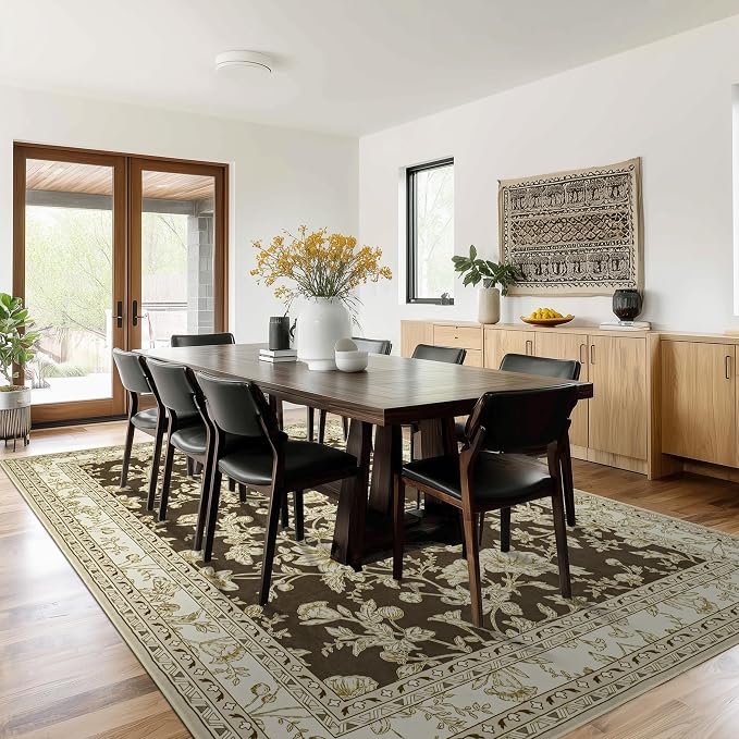 Extra Large Browm Area Rug for Living Room 10x14, Floral Dining Room Rugs for Under Table, Washable Soft Non Slip Low Pile Carpet for Large Bedroom Brown with Beige Cream Khaki Floral Design 10 x 14