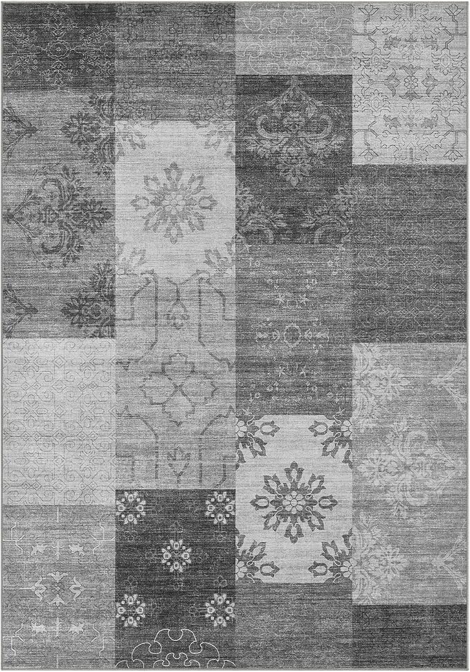 UERMEI 6x9 Area Rug for Living Room - Washable Vintage Carpet, Non-Slip Soft Large Indoor Floor Rugs for Bedroom Home Office & Under Dining Table Decor, Gray Block