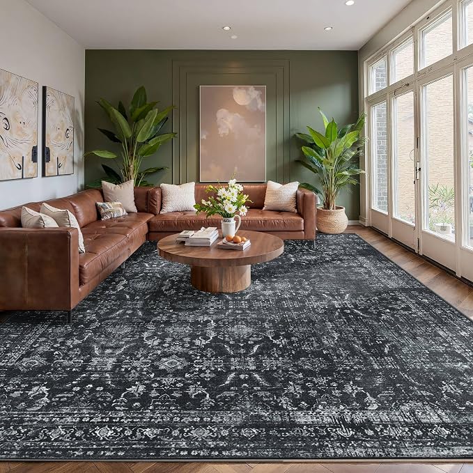 Rugxara Black 9x12 Area Rugs for Living Room Bedroom Large Washable Rug | Non Slip, Rug for Dining Room Office Farmhouse, Stain Resistant, Soft, Low Pile, Vintage Boho Retro Carpet, Home Decor