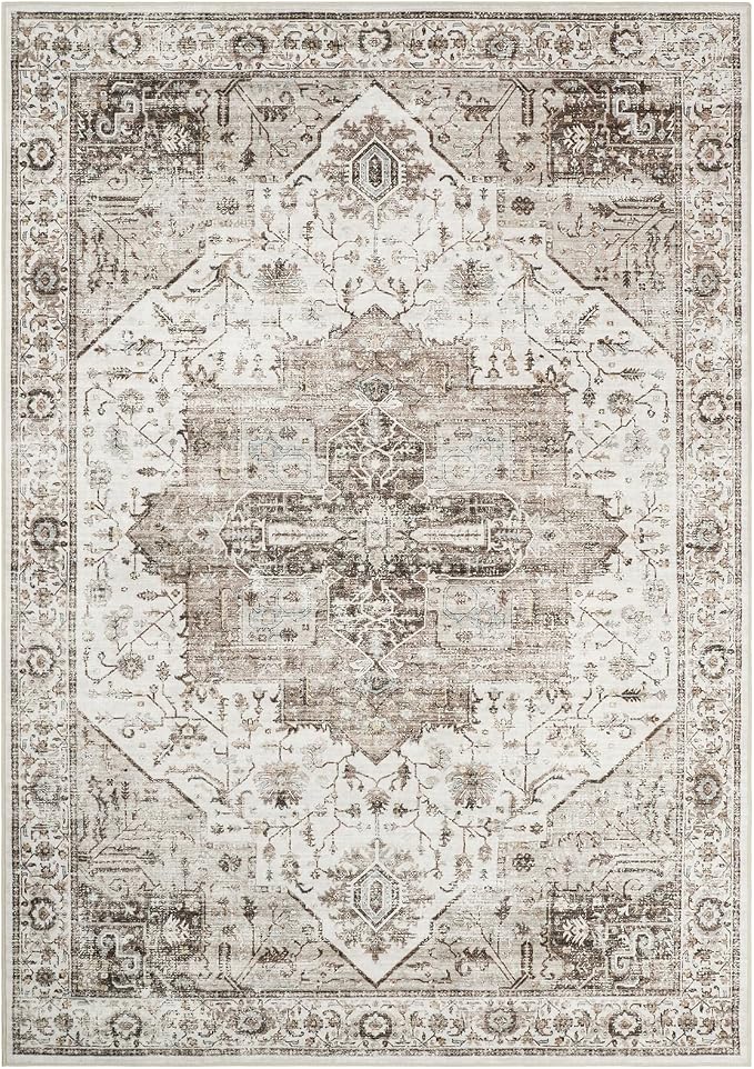 Roxstand 5x7 Washable Area Rugs, Non Slip Living Room Rug Brown | Low Pile Vintage Rug, Stain Resistant, Non-Shedding Design, Pet & Kid Friendly, Carpet for Bedroom, Dining Room Office