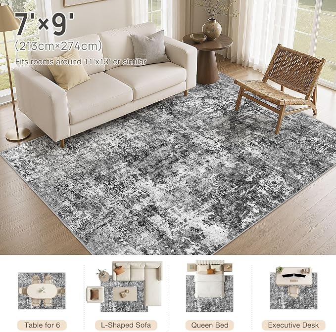 cotiled Washable Area Rug 7x9, Non-Slip Soft Neutral Rug for Living Room | Modern Abstract Carpet, Stain Resistant and Kid & Pet Friendly, Ideal For Bedroom, Dining Room, Nursery, Office - Blue/Gery