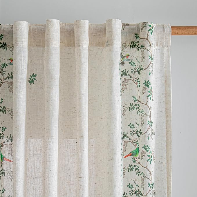 MYSKY HOME Boho Curtains for Living Room Linen Blend Leaf Bird Printed Curtains & Drapes 72 inches Length Farmhouse Room Decor Style Light Filtering Back Tab for Dining Room, Green, 50" x 72", Pack-2