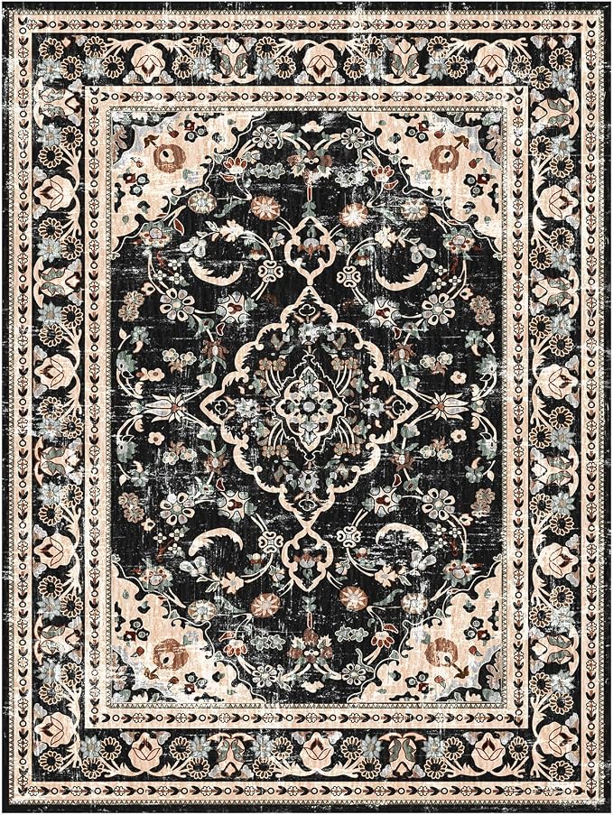 Vhong Washable Area Rugs Boho Vintage Modern Neutral Large Carpet Black and Brown 5×7 High Traffic Rugs for Dinning Room Living Room Bedroom Farmhouse Non Slip