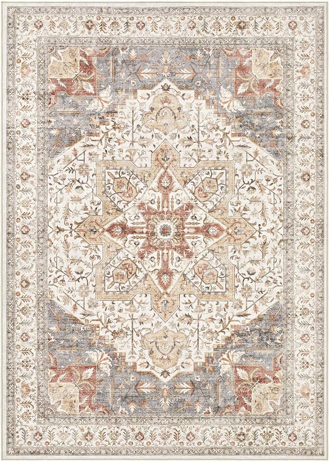 Tortania Area Rug Living Room Rugs - 12x15 Washable Boho Rug Vintage Oriental Distressed Farmhouse Large Thin Indoor Carpet for Living Room Bedroom Under Dining Table Home Office - Orange Multi
