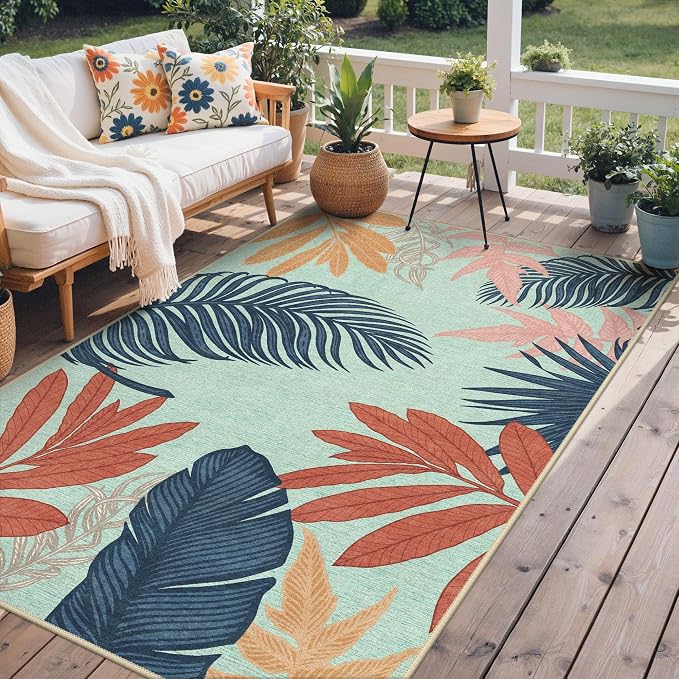 GENIMO 8x10 Outdoor Rug, Washable Quick Dry for Patio, Navy Sage | Botanical leaf design for backyard; fade resistant chenille with quick-dry non-slip backing for indoor living rooms.
