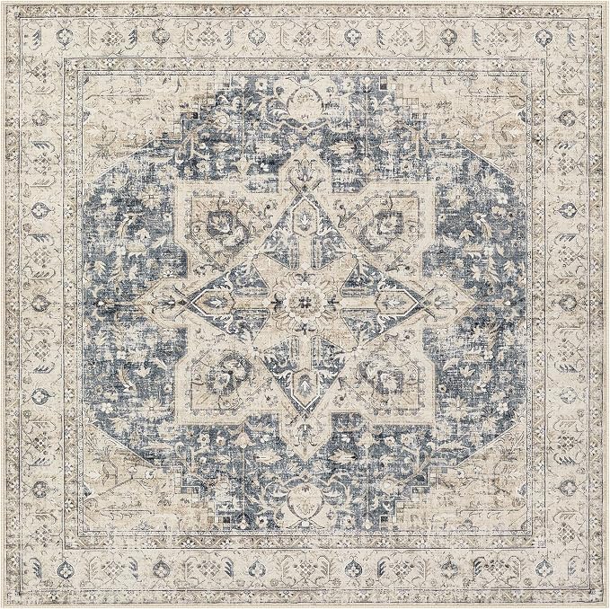 Tortania 8' Square Area Rug Living Room Rugs - Washable Boho Rug Vintage Oriental Distressed Farmhouse Large Thin Indoor Carpet for Bedroom Under Dining Table Home Office - Cream/Blue