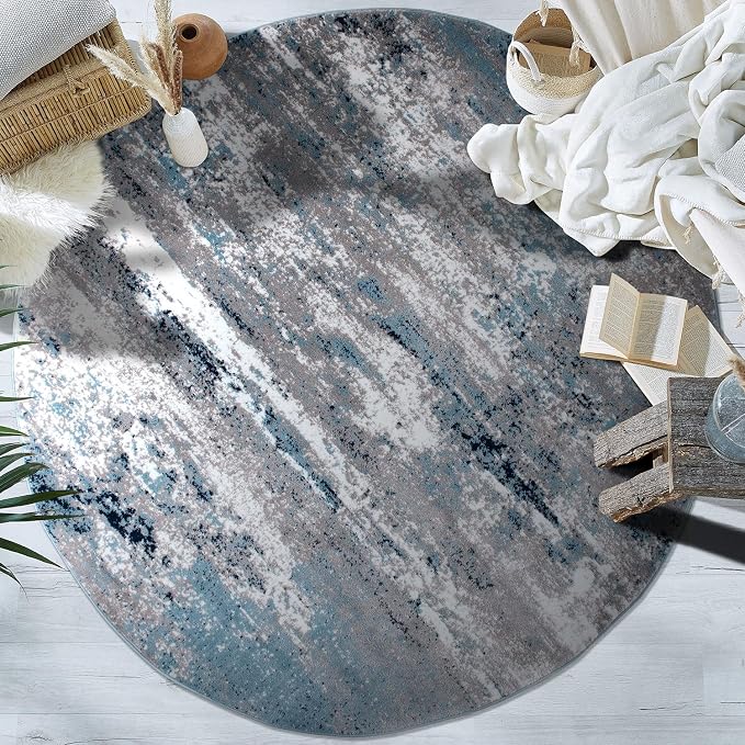 Rugshop Watercolor Distressed Modern Bohemian Abstract Round Rug Blue 6'6"