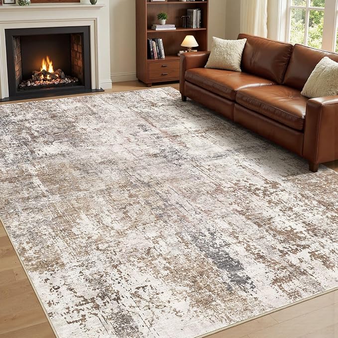 UERMEI 5x7 Washable Area Rug - Neutral Modern Abstract Living Room Rugs, Non-Slip Soft Large Indoor Floor Carpet for Bedroom Home Office & Under Dining Table Decor, Brown/Grey/Red