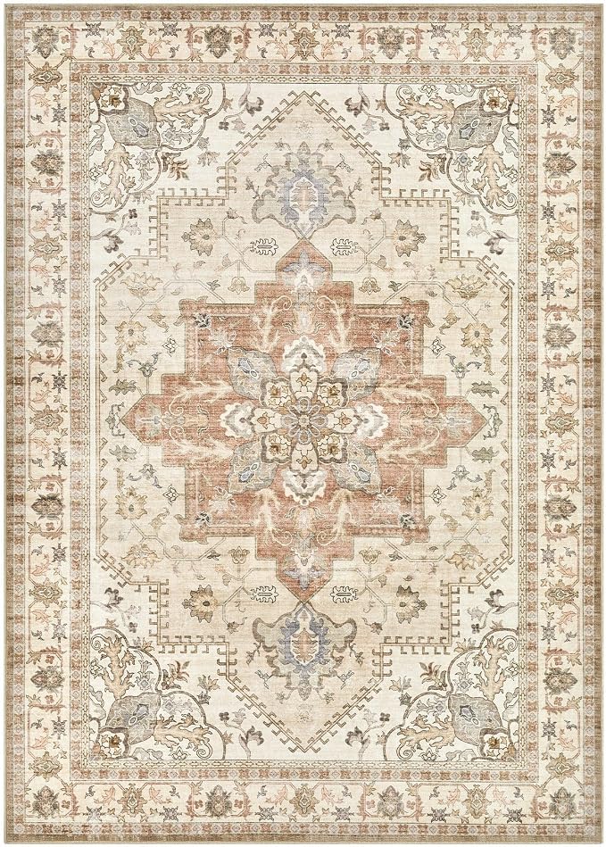 Tortania Area Rug Living Room Rugs - 5x7 Washable Boho Rug Vintage Oriental Distressed Farmhouse Large Thin Indoor Carpet for Living Room Bedroom Under Dining Table Home Office - Rust/Cream