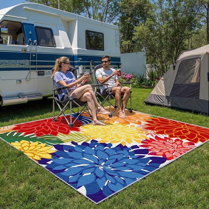 Colorful 5x8 Outdoor Area Rug Washable Multicolored Patio Rug Tropical Botanical Floral Chenille Waterproof Outdoor Carpet for Living Room, Deck, Backyard, Porch, Rainbow