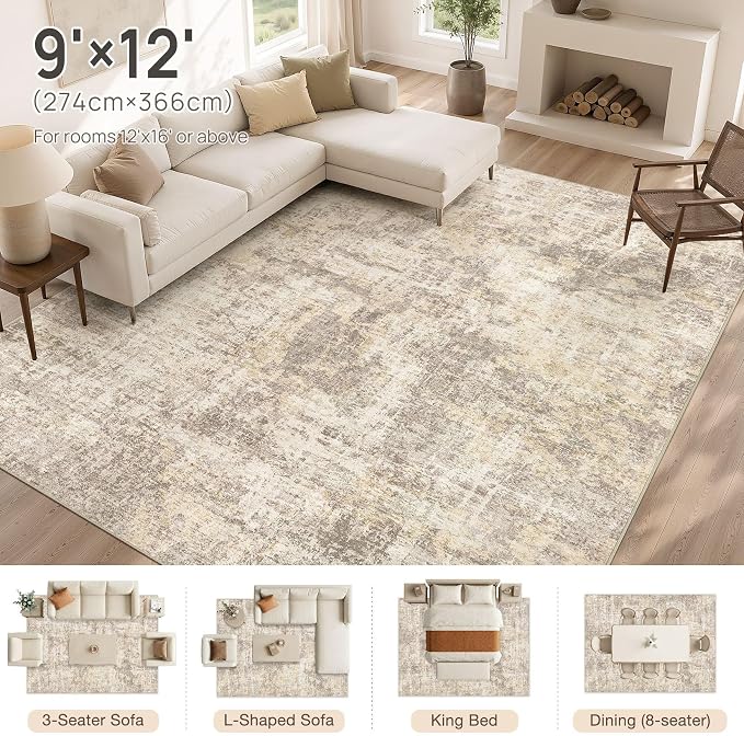cotiled Washable Area Rug 9x12, Non-Slip Soft Neutral Rug for Living Room | Modern Abstract Carpet, Stain Resistant and Kid & Pet Friendly, Ideal For Bedroom, Dining Room, Nursery, Home Office - Beige