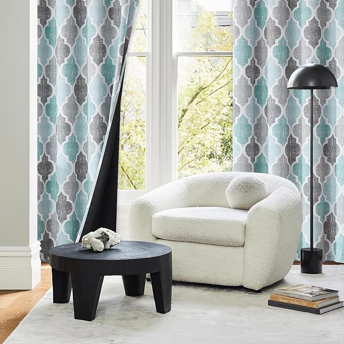 Beauoop Moroccan 100% Blackout Curtains Bedroom Aqua Grey 50x90 2 Panels | Geometric Room Darkening Drapes for Living Room 90 Inch Long Thermal Insulated Soundproof Lattice Window Treatment Grommet