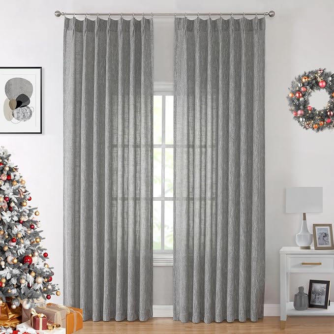 Vision Home Pinch Pleated Gray Semi Sheer Curtains Textured Light Filtering Window Curtains 72 inch for Living Room Bedroom Rayon Blended Charcoal Grey Pinch Pleat Drapes with Hooks 2 Panels 40"Wx72"L
