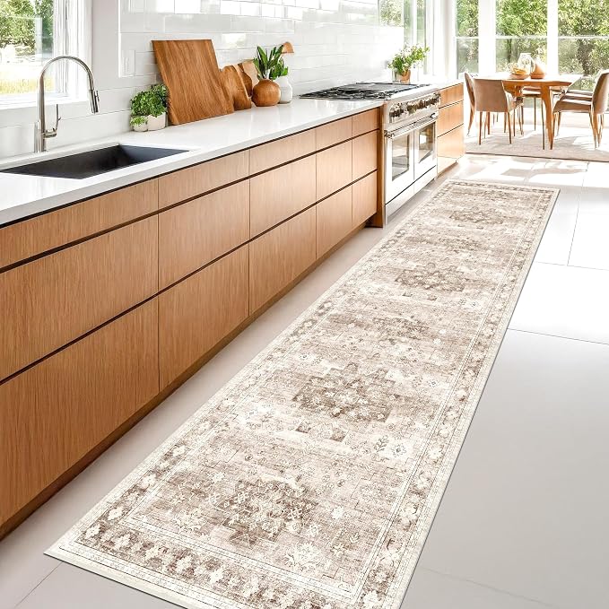 Hazo Haus Non Slip Hallway Runner Rug - 2 x 10 Runner Rug, Washable & Waterproof Kitchen Floor Mat - Extra Long Neutral Farmhouse Boho Design Décor (2x10 Beige/Latte)