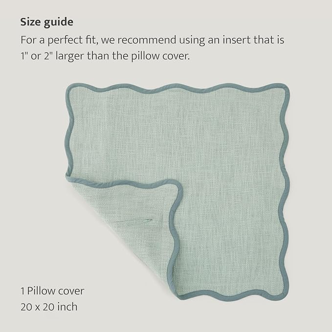 Double Stitch Scalloped Throw Pillow Covers - 100% Cotton Decorative Boho Pillow Covers 20 x 20 inch, Made in India, Square Cushion Case, Modern Home Decor for Couch Sofa Living Room, Green Forest