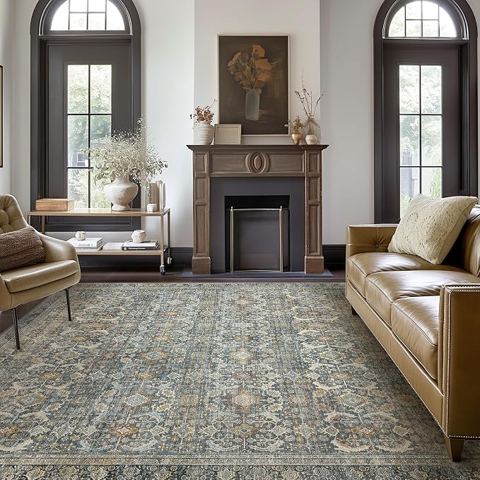 BESBLEE 8X10 Area Rugs Machine Washable Rugs for Living Room, Vintage Boho Large Rugs for Bedroom Dining Room, Non Slip Indoor Soft Distressed Lightweight Thin Low Pile Carpet, Terracotta