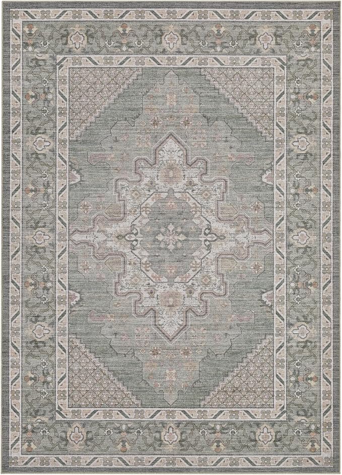 Tortania Area Rug Living Room Rugs - 12x15 Washable Boho Rug Vintage Oriental Distressed Farmhouse Large Thin Indoor Carpet for Living Room Bedroom Under Dining Table Home Office - Green Gray