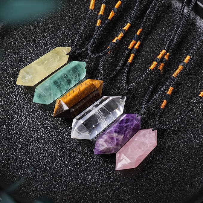 Runyangshi Dream Amethyst Healing Crystal Pendants, Double Pointed Natural Crystal Quartz Necklace 6 Faceted Chakra Crystal Wand Stone