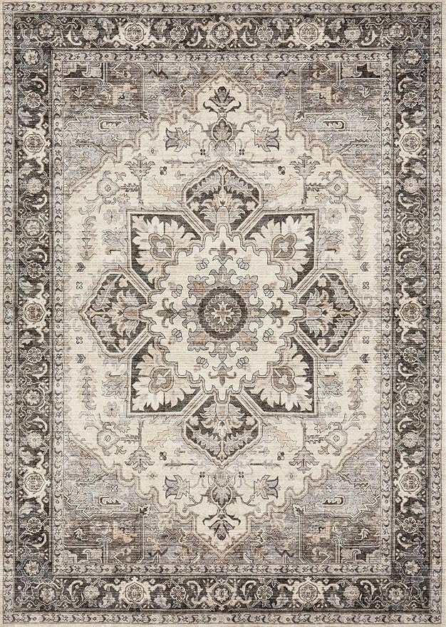 11x14 Area Rugs for Living Room - Large Carpet Ultra Thin Soft Washable Oriental Vintage Floral Distressed Rug Big Indoor Carpets for Bedroom Nursery Dorm Home Decor Aesthetic - Grey Brown