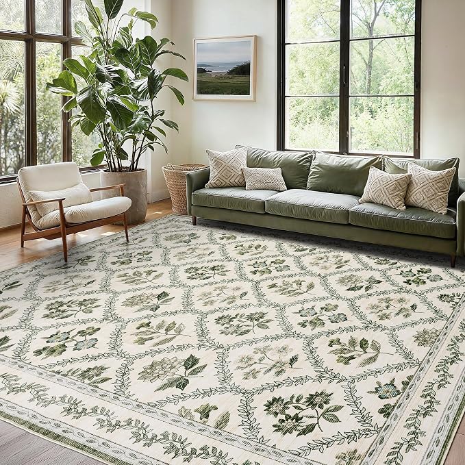 Olive Green Area Rug for Living Room 5x7 Decor Floral Area Rugs for Bedroom Dining Room Machine Washable Boho Vintage Farmhouse Floral Carpet, Hunter Green and Beige Cream